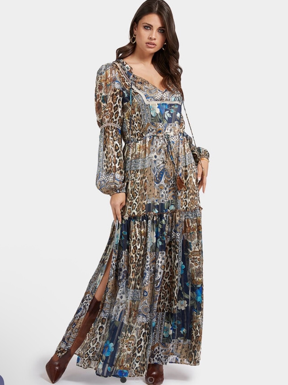 GUESS Domitille Patchwork Boho Maxi Dress Leopard Paisley Floral - Size Small
